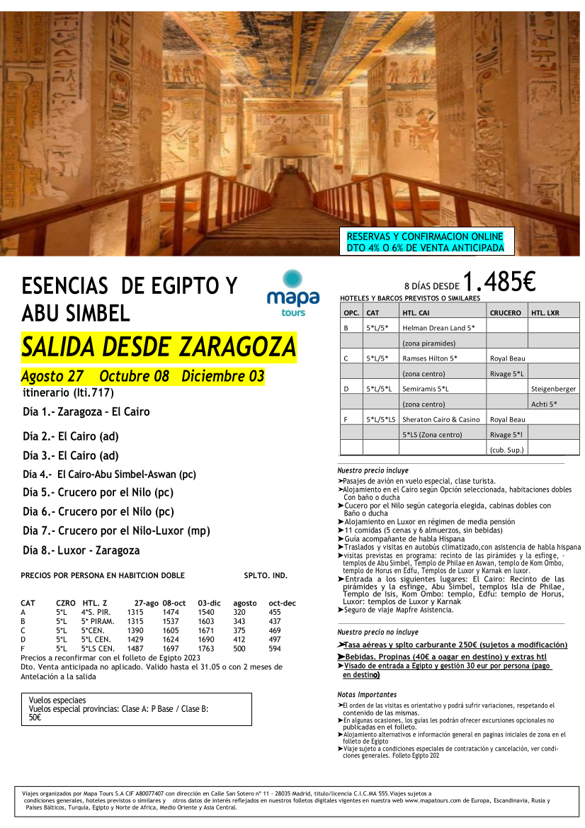 OFERTA ESENCIAS DE EGIPTO Y ABU SIMBEL DESDE ZARAGOZA